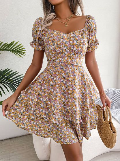 Women Mini Dress Temperament Big Swing Loose Hem Flower