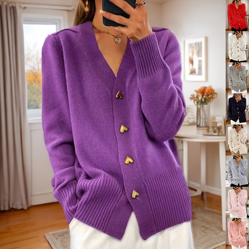 V-neck Knitted Sweater With Love Button Fashion Solid Long-sleeved