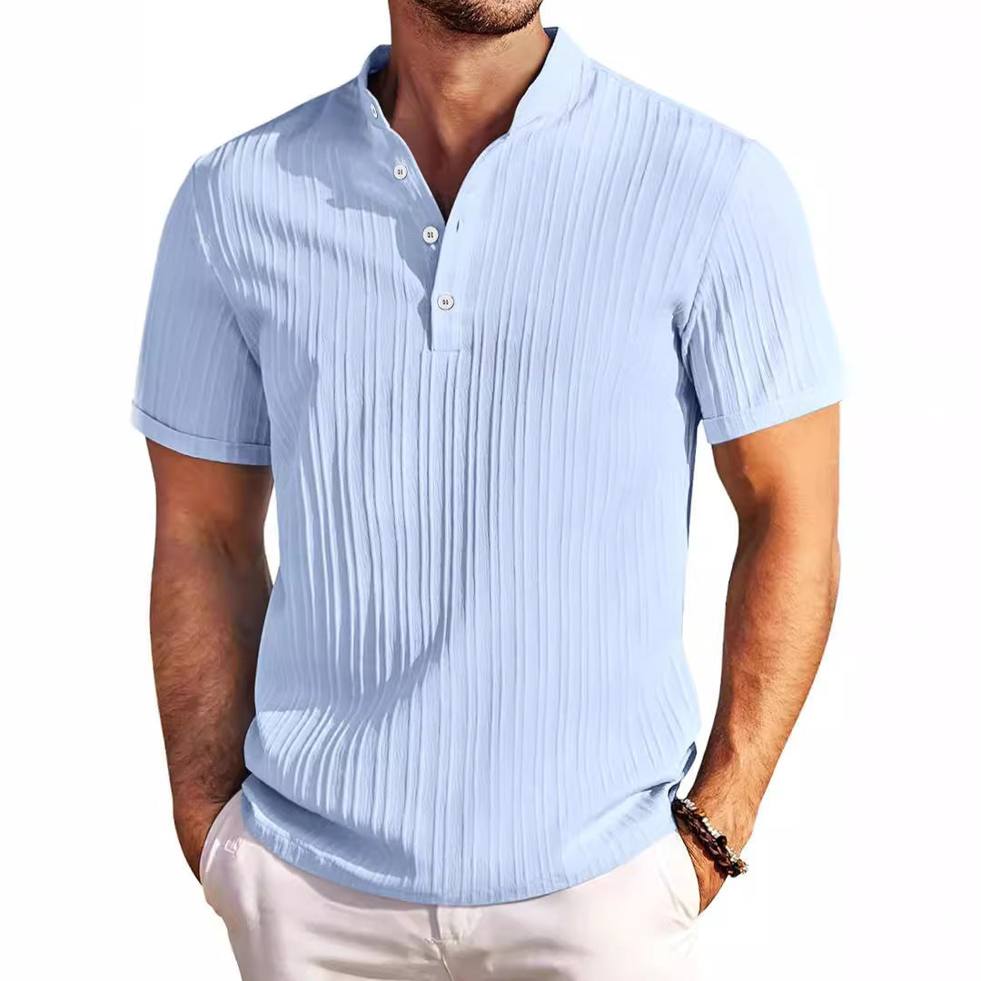 Summer Stand Collar Buttons Short Sleeve T-shirt Solid Color