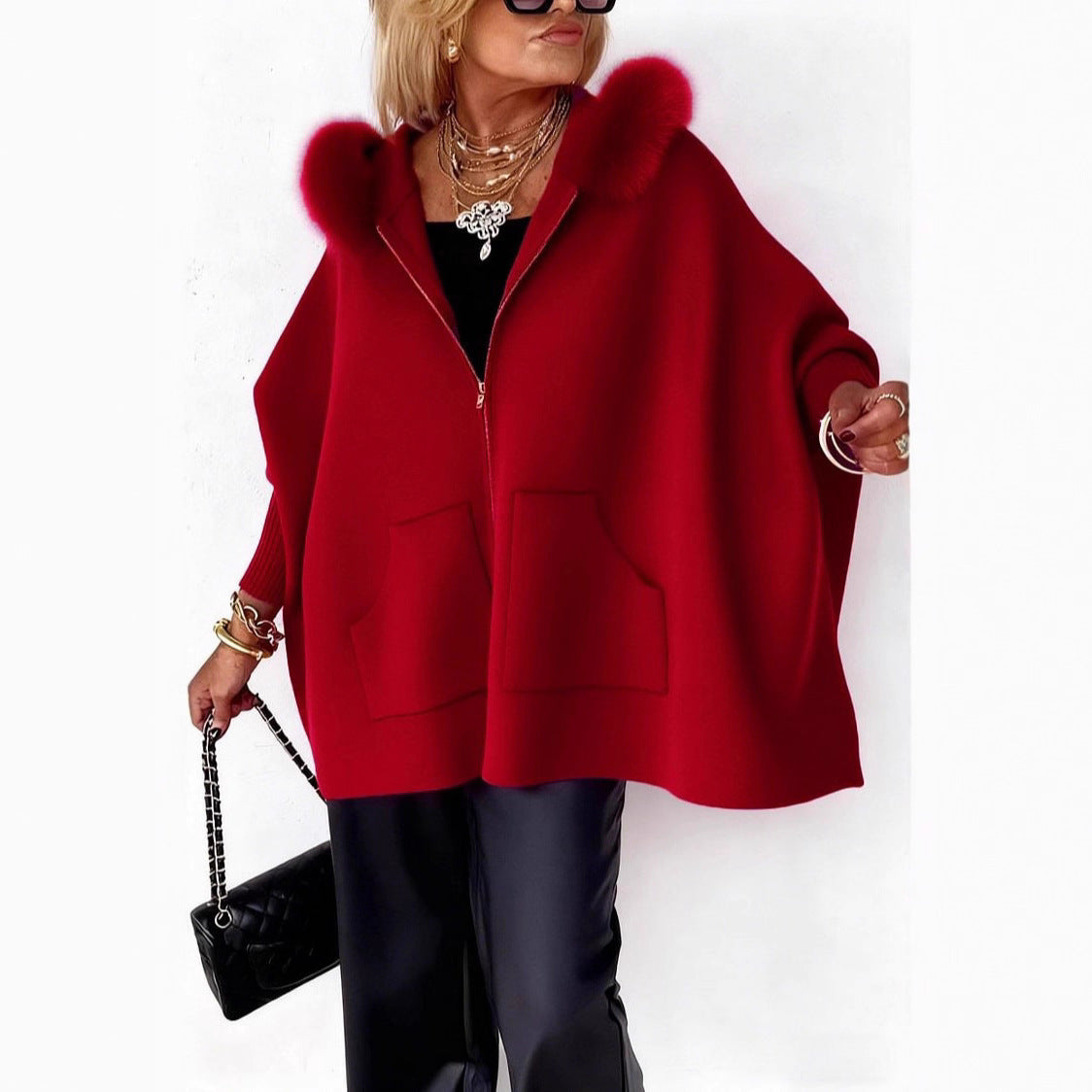 Ins Plush Hooded Cardigan Fashion Warm Pockets Zip-up Knitted