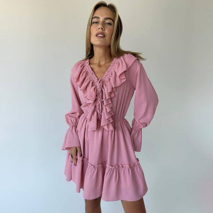 Fashion V Neck Pleated Ruffle Long Sleeve Dress