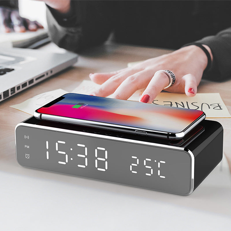 LED Electric Alarm Clock With Wireless Charger Desktop Digital