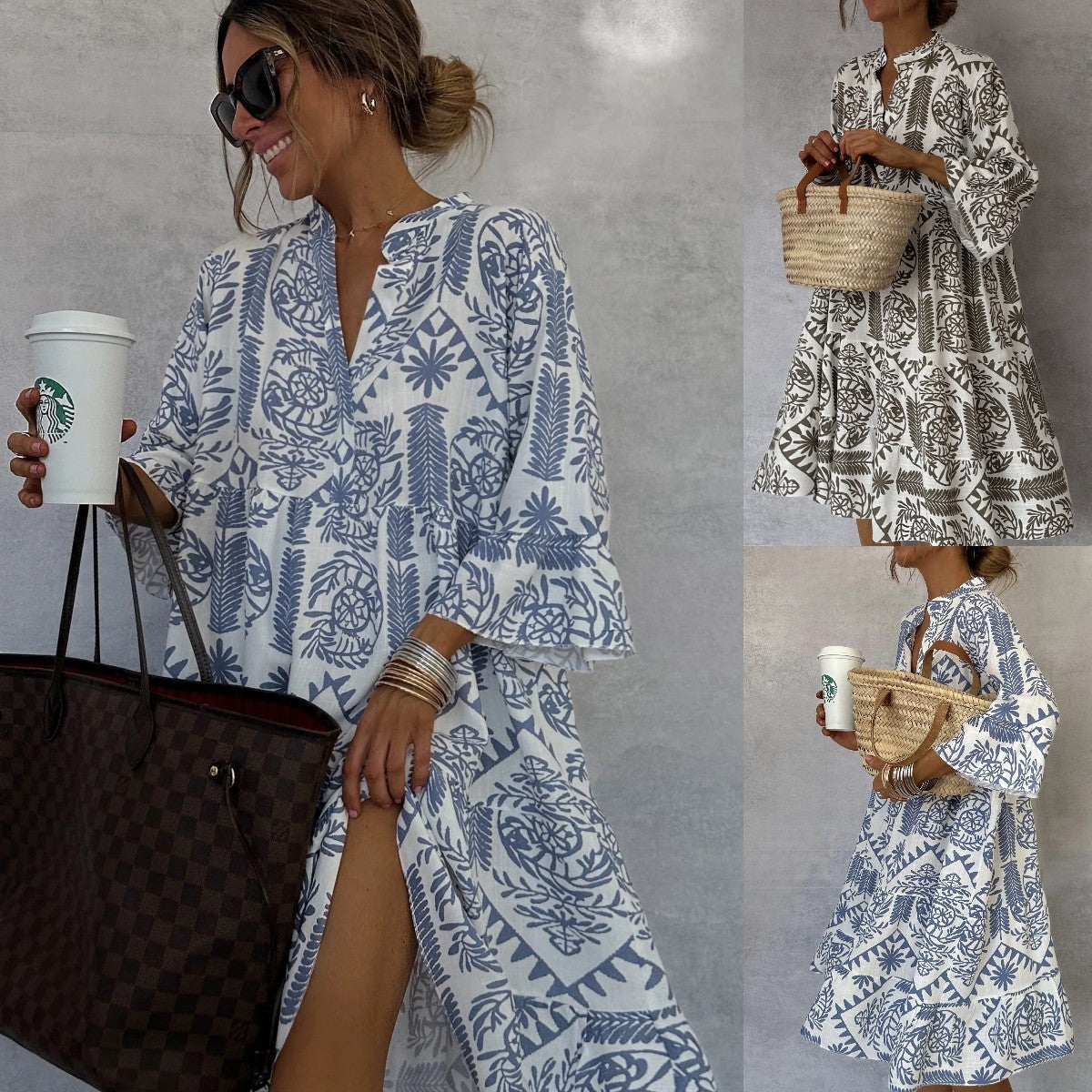 Autumn Casual Print Vacation Loose Dress Women Fashion