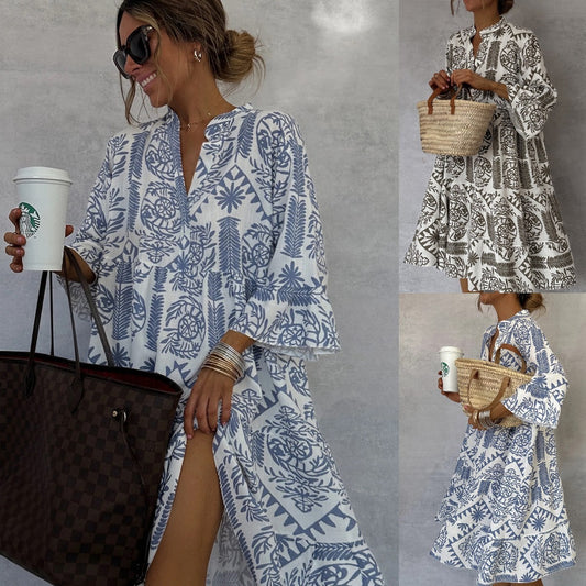 Autumn Casual Print Vacation Loose Dress Women Fashion