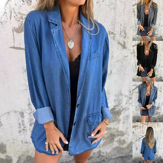 Lapel Shirt Jacket Ins Fashion Solid Color Long-sleeved Denim