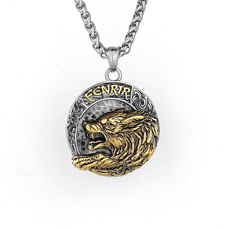 Viking Golden Wolf Fenrir Titanium Steel Pendant Nordic Letters