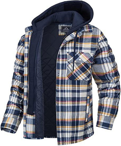 Men's Plaid Hooded Coat Winter Warm Button Zip-up Jacket