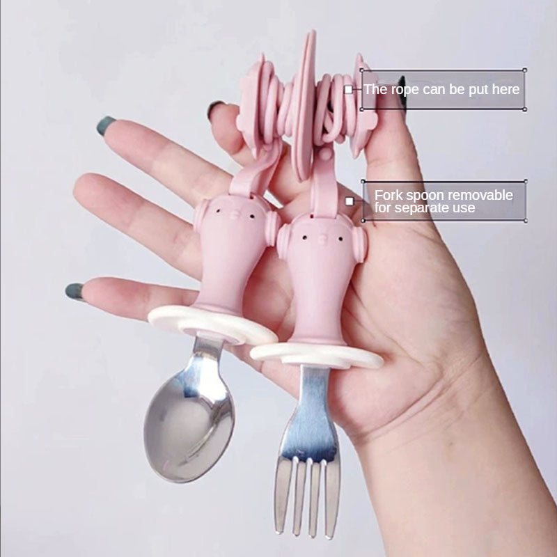 Infant Stainless Steel Training Spoon Fork Silicone Anti-drop Children's Spoon Suction Cup Anti-drop Chain
