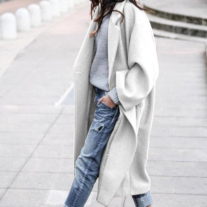 Casual Long Jacket With Pockets Solid Color Single Breasted Lapel