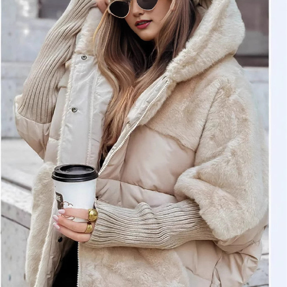 Women's Loose Cotton Coat Faux Fur Patchwork Winter Coat