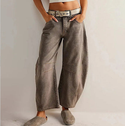 High Stretch Mid-Rise Barrel Jeans Fashion Wide Leg