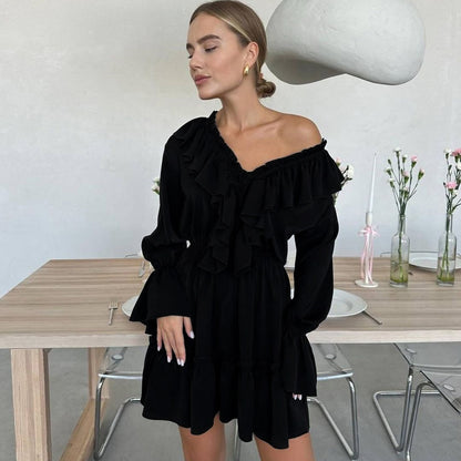 Fashion V Neck Pleated Ruffle Long Sleeve Dress