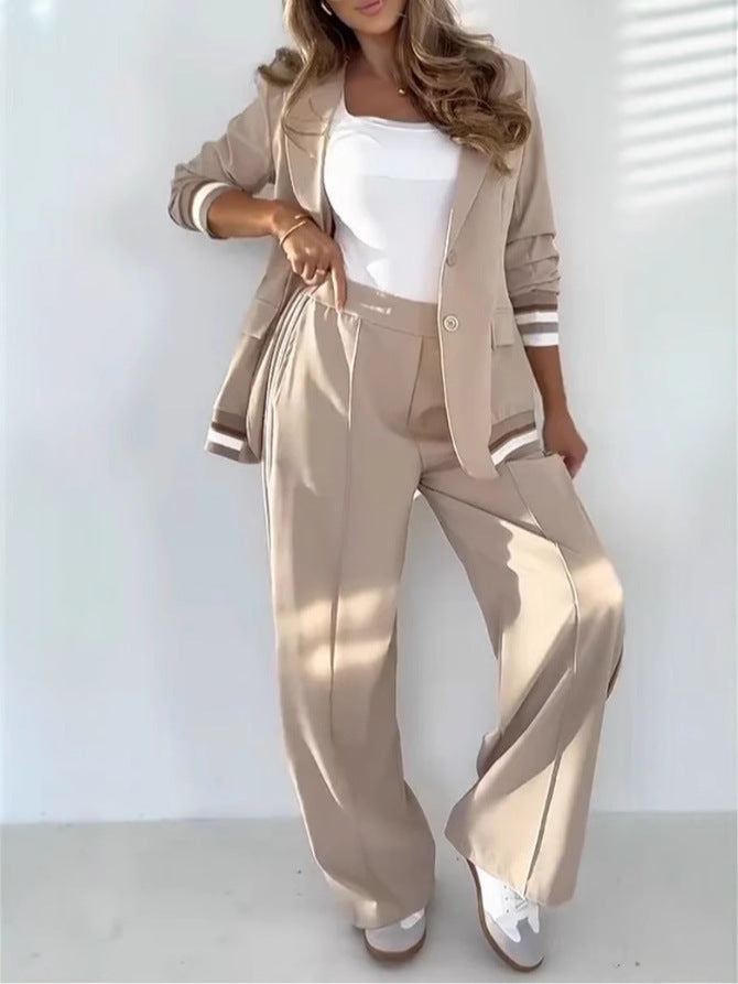2 Pcs Set Women Suit Coat Pants Suit Lapel Long Sleeves