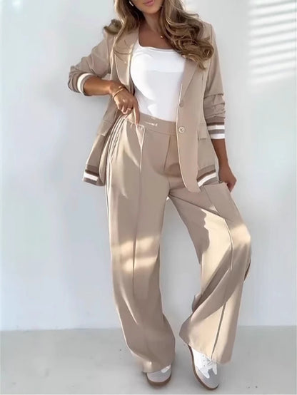 2 Pcs Set Women Suit Coat Pants Suit Lapel Long Sleeves