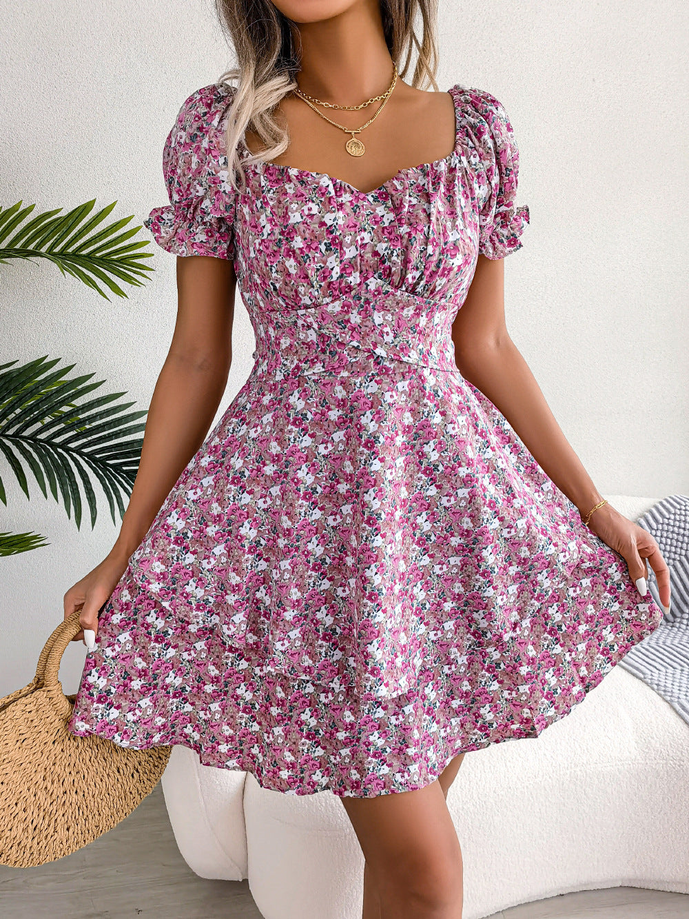 Women Mini Dress Temperament Big Swing Loose Hem Flower