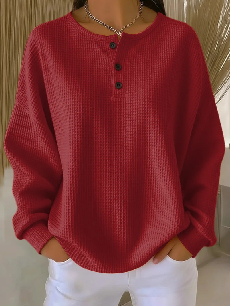 Ins Waffle Long-sleeved T-shirt Fashion Solid Color Buttons