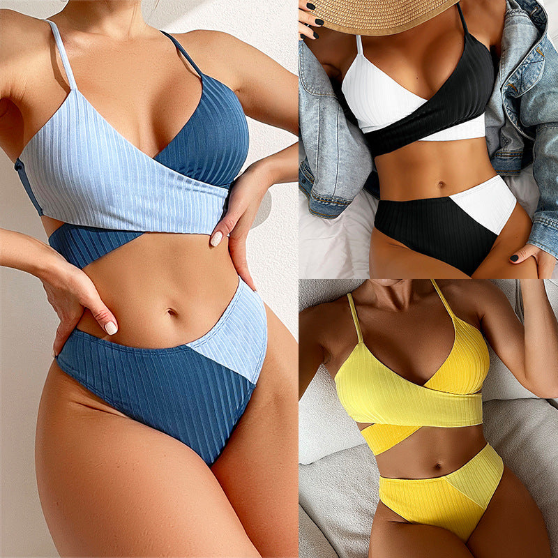 Bikini Patchwork Swimwear Ribbed Women's Swimsuit Knot Back Beachwear