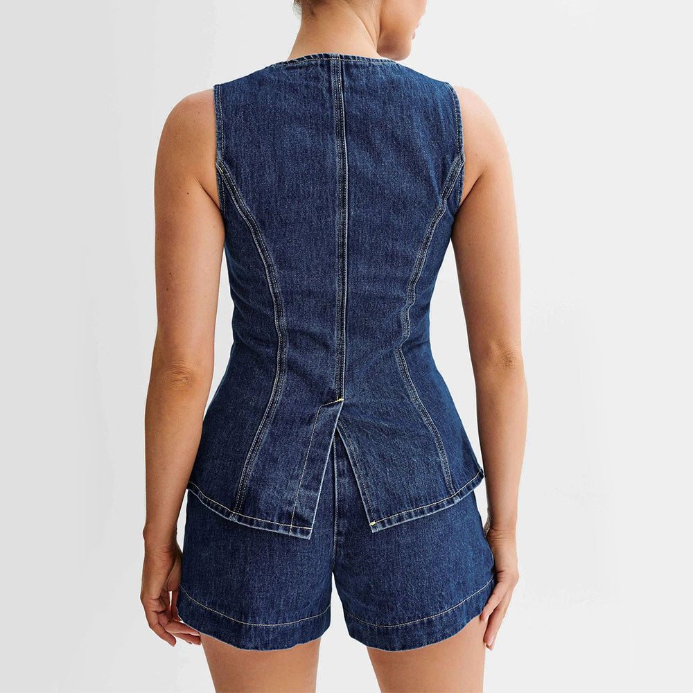 Fashion Denim Suit Summer Casual Sleeveless Button Vest