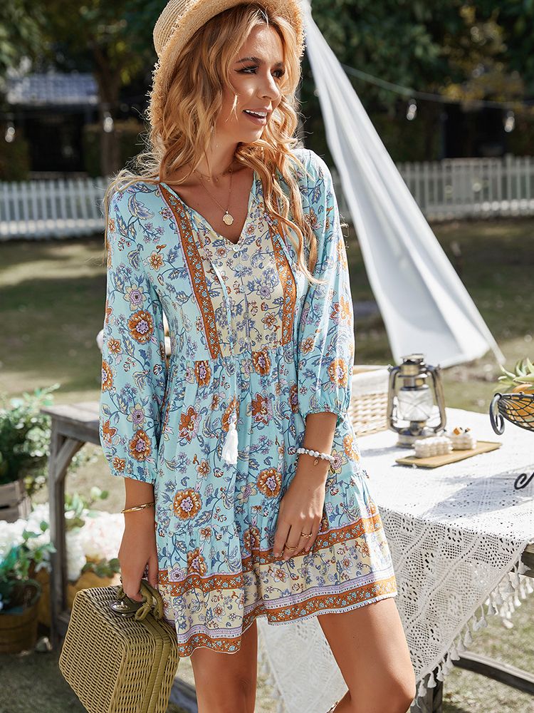 Boho Print Button V-Neck Long Sleeve Fringe Dress