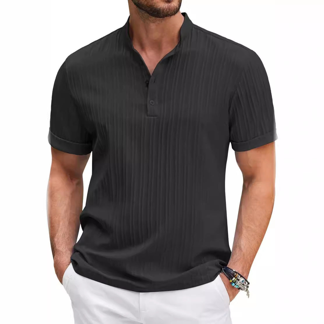 Summer Stand Collar Buttons Short Sleeve T-shirt Solid Color