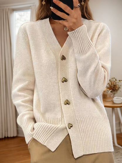 V-neck Knitted Sweater With Love Button Fashion Solid Long-sleeved