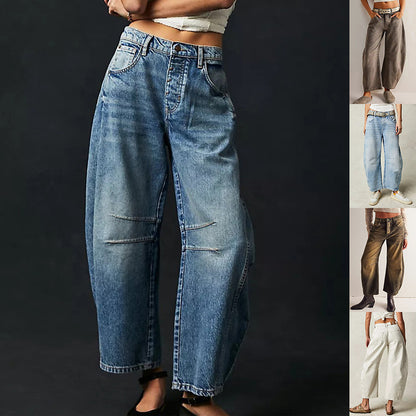 High Stretch Mid-Rise Barrel Jeans Fashion Wide Leg