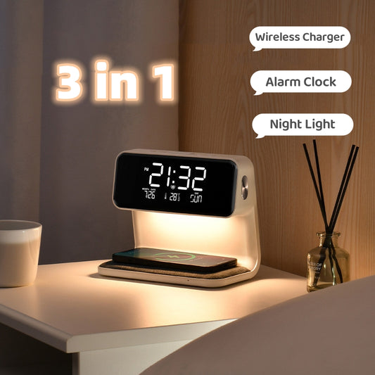Creative 3 In 1 Bedside Lamp Wireless Charging LCD Screen Alarm Clock