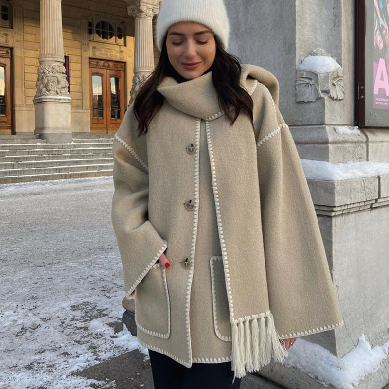 Women's Thickened Woolen Coat With Scarf Tassel Fashion Loose Jacket