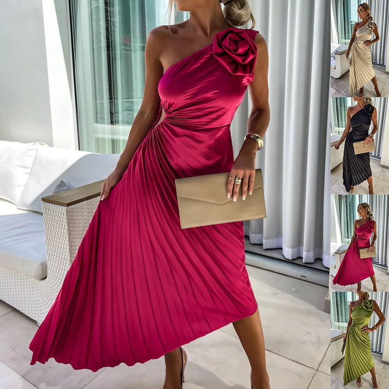 Ins Pleated One-shoulder Dress With Big Rose Flower