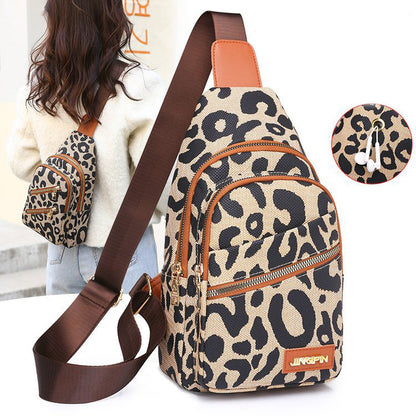 Leopard Print Sling Chest Bag With Headphone Jack Crossbody Backpack