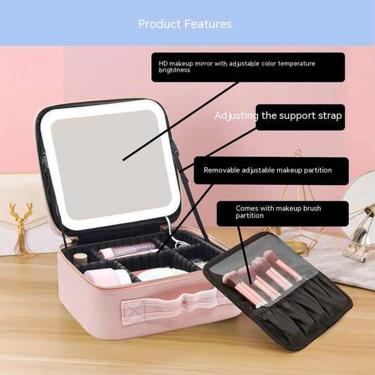 Large Capacity Portable LED Lamp Light With Mirror Cosmetic Bag