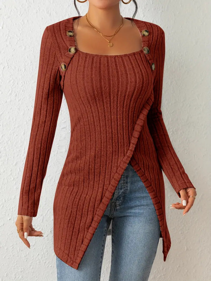 Square Collar Irregular Knitted Top With Button Design Fashion