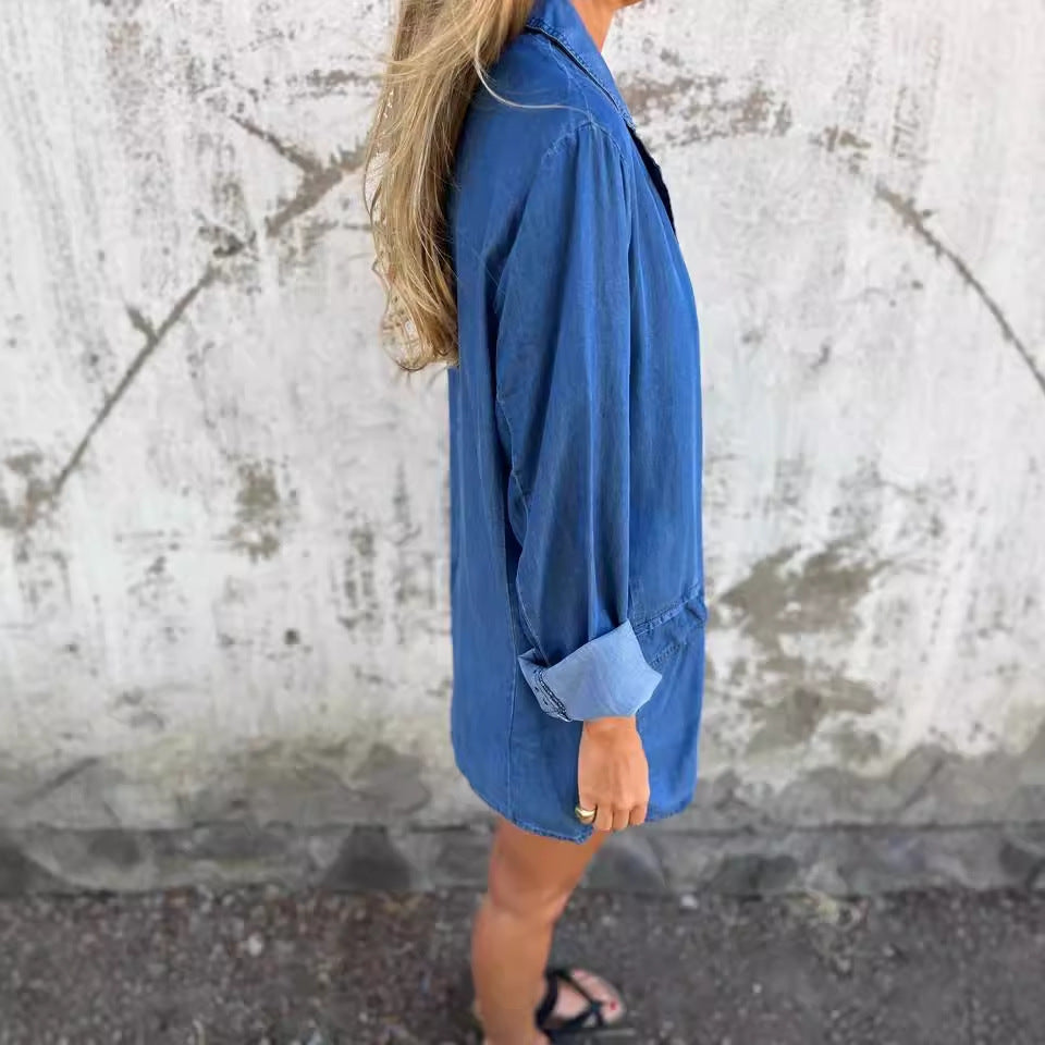 Lapel Shirt Jacket Ins Fashion Solid Color Long-sleeved Denim