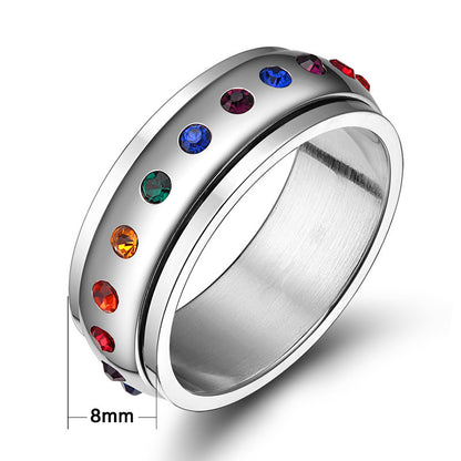 Titanium Steel Rainbow Inlaid Color Zircon Rotating Rotating Ring