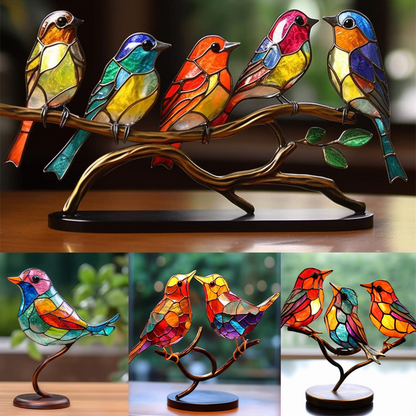 Stained Birds On Branch Desktop Ornaments For Bird Lover Home Decor