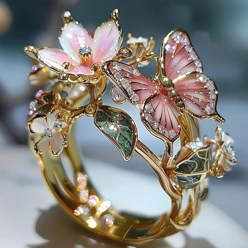 INS Flower Butterfly Ring With Rhinestones Jewelry