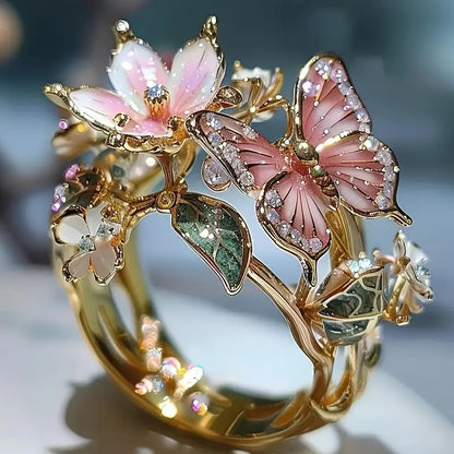 INS Flower Butterfly Ring With Rhinestones Jewelry