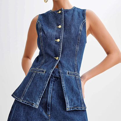 Fashion Denim Suit Summer Casual Sleeveless Button Vest