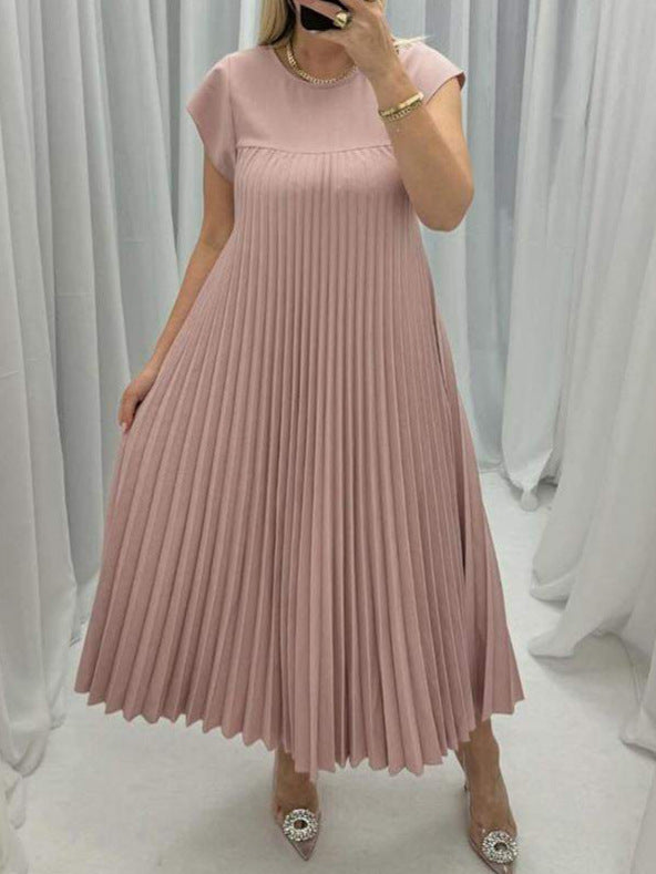 Short Sleeve Pleated Long Dress Summer Round Neck Dress Women's Clothing