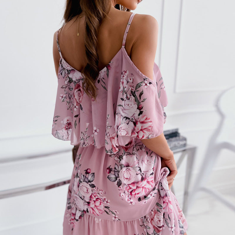 Flower Printed Ruffled Suspender Dress Summer