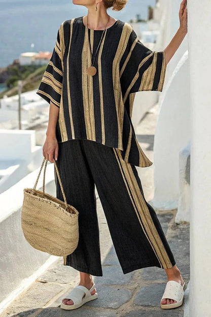 Summer Striped Suits Loose Batwing Sleeve
