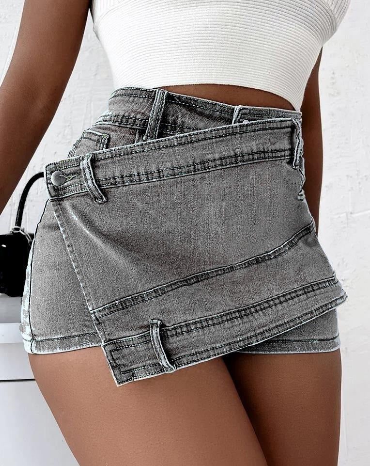 Y2K Street Vintage Denim Shorts Stretch Overlap Waist Wrap