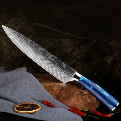Damascus Pattern Blue Resin Handle Kitchen Knife Set