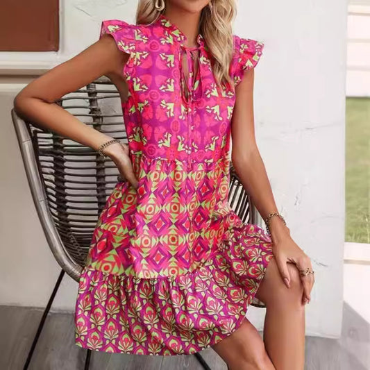 Printed Sleeveless Dress Summer Fashion V-Neck Lace-up