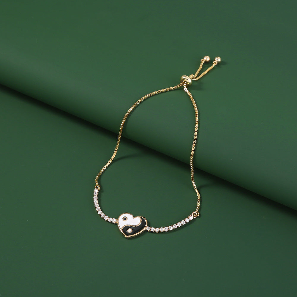 Brass Heart Gold Plated Oil Drip Zircon Adjustable Pull Bracelet