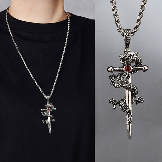 Fashion Jewelry Dragon Sword Pendant Necklace Paved