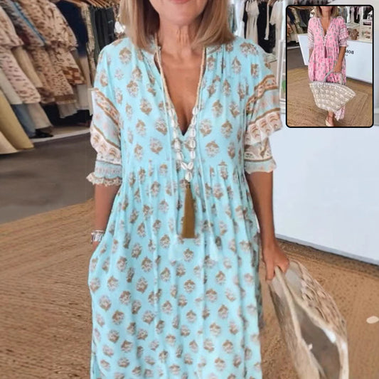 Summer Bohemian Print Lantern-Sleeved Dress Fashion