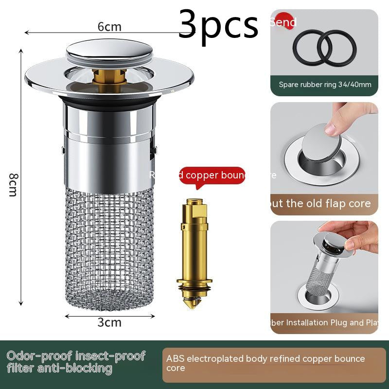 Long Pop-Up Sink Drains Filter Bathroom Press Bounce