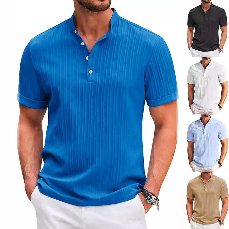 Summer Stand Collar Buttons Short Sleeve T-shirt Solid Color