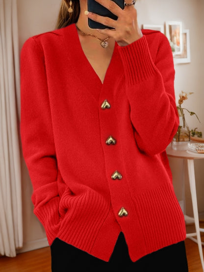 V-neck Knitted Sweater With Love Button Fashion Solid Long-sleeved
